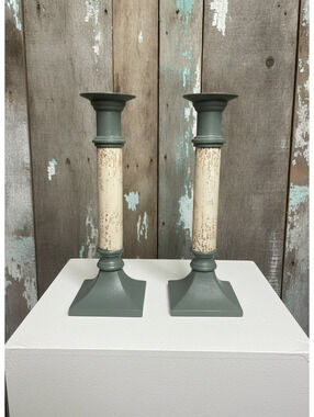 Vintage Cast Metal Green Candlesticks Pair 8" Shabby Chic White Crackle Paint